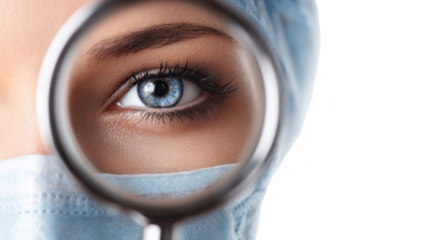 Close up of a surgeon's eye focused through a magnifying glass, wearing a surgical mask and cap, highlighting precision in medical procedures with a transparent background