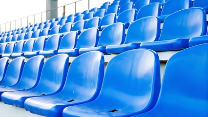 A close up view of rows of blue stadium seats in an outdoor setting with bright lighting overhead