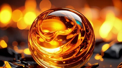 Abstract orb of viscous golden liquid resting on dark matter with shimmering bokeh lighting in the background, macro studio shot. - Powered by Adobe