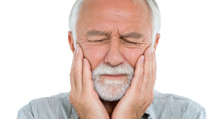 Fototapeta premium Close up of a mature man with closed eyes experiencing intense tooth pain, touching his face with both hands, isolated on a transparent background