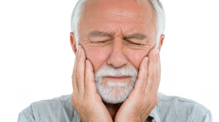 Close up of a mature man with closed eyes experiencing intense tooth pain, touching his face with both hands, isolated on a transparent background