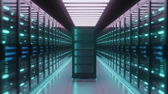 Modern technology server room with teal lighting empty server racks