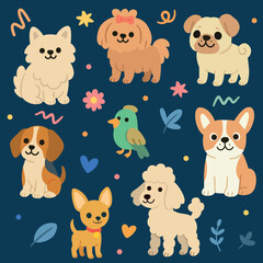 Set of dogs illustration of different races and caracteristics