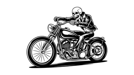 Naklejka premium Skeleton Rider in Leather Jacket on Chopper Motorcycle. Vintage Biker Skull Vector Art