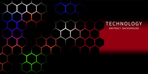 Dark gray and red horizontal hexagonal technology abstract vector background. red bright energy flashes under hexagon in futuristic modern technology wide banner. Dark gray honeycomb texture grid.