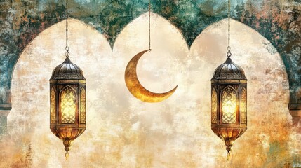 Obraz premium Lanterns and Crescent Moon with Ornate Background Design