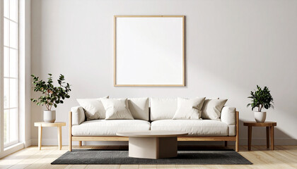 Fototapeta premium Zen Living: Calm modern living room featuring a comfortable couch, minimalist tables, and a blank frame ready for art or design. bathed in soft light, inviting you to imagine the possibilities