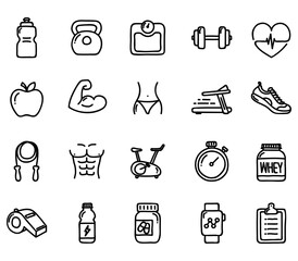 Healthy Lifestyle Vector Icon Set | Adjustable Line Weight | Fitness, nutrition, exercise, wellness, sleep, yoga, meditation, heart rate, gym, hiking, cycling, sports, health monitoring icons