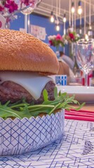 Close-up of a burger on a patterned plate