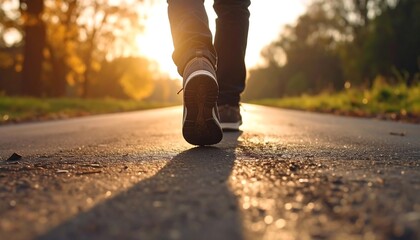 Person walking on a road at sunset