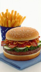 Close-up of a burger and fries
