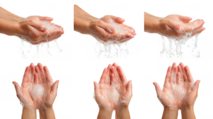Six views of a woman washing her hands with soap and water against a transparent background, ideal for projects focused on health, hygiene, and cleanliness in various contexts