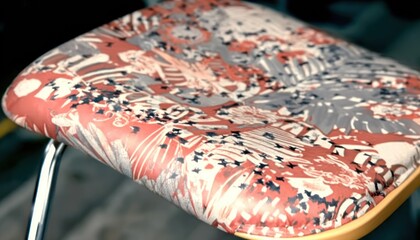 Close-up of a chair seat with a patterned fabric