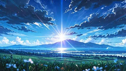 sunrise over peaceful anime landscape