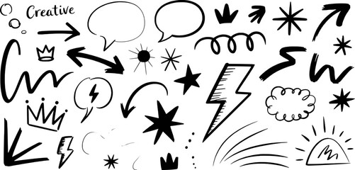 Black Hand Drawn Arrows Stars Crowns Speech Bubbles and Lightning Bolts