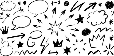 Black Hand Drawn Doodle Elements Set Arrows Stars Crowns Speech Bubbles