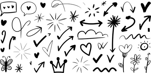 Black Hand Drawn Doodle Arrows Hearts Flowers Crown Stars Checkmarks
