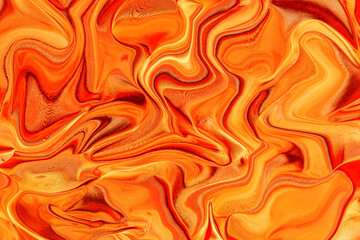 Red orange amber fire gold yellow abstract background. Wave wavy swirl line curved liquid fluid marble mix twirl. Bright vibrant colorful. Psychedelic crazy distortion funky. Design.