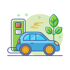 Stylized flat vector of an electric car charging at a green finance station. Ideal for clean transportation, sustainable energy, and eco economy visuals.