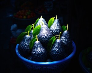Close-up of a cluster of dark purple fruits in a blue basket, highlighted by light
