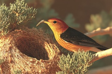 Close-up of a colorful bird near a nest