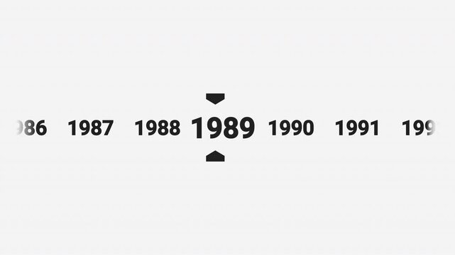 Horizontal timeline animation scrolling smoothly to the year 1989. Ideal for history documentaries, educational videos, or year-based content.