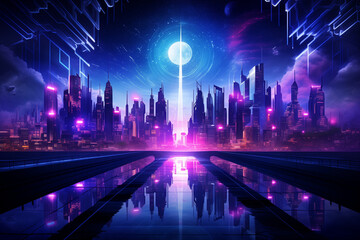 A futuristic digital city skyline at night with neon blue and purple lights