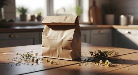 Sustainable Brown Paper Lunch Bag on Wooden Table with Dried Herbs