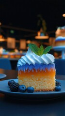 Close-up of a colorful layered cake slice