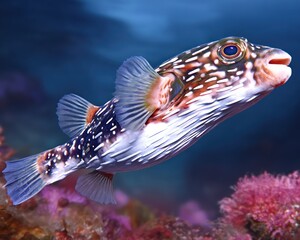 Close-up of a colorful pufferfish in a coral reef