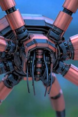 Close-up of a complex, metallic spider-like robot