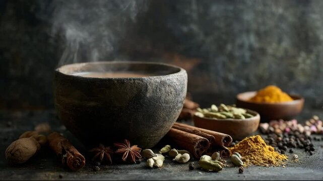 Herbal Chai Tea with Cardamom and Star Anise on Dark Background