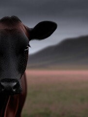 Close-up of a cow's face in a field