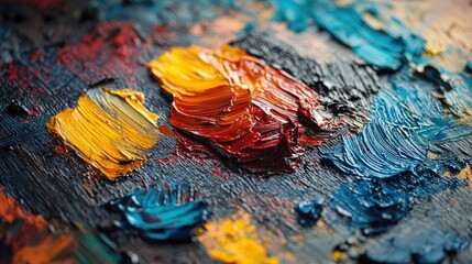 Obraz premium Vibrant Oil Paints Featuring Yellow Orange Blue and Black on a Textured Wooden Palette in a Macro Shot