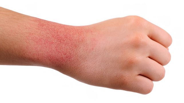 Red rash developing on a person's wrist, suggesting potential skin allergy symptoms, isolated against a transparent background for clear detail and focus on irritation and inflammation