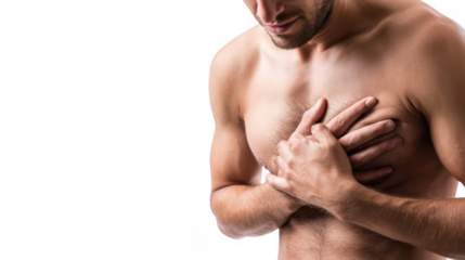 Shirtless man experiencing intense chest pain, clutching his chest with both hands, suggesting a potential heart attack or other serious medical condition, isolated on transparent background
