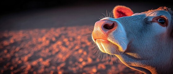 Close-up of a cow's head at sunset