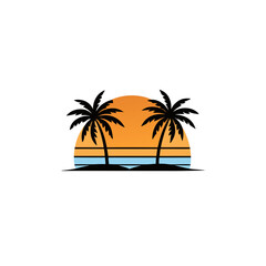 realistic tropical sunset beach with palm silhouet