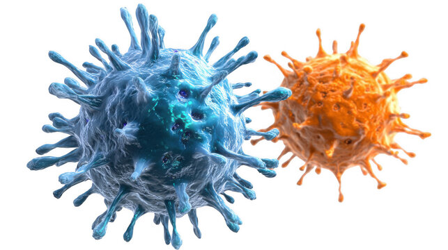 Microscopic view capturing a t cell actively attacking an infected cell, featuring a transparent background, ideal for use in medical and scientific projects focused on immunology and biology