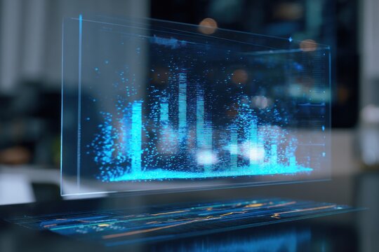 A holographic display showing a blue data visualization on a dark surface with blurred background