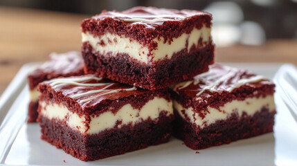 Red Velvet Cream Cheese Brownies, Beautifully arranged on a white plate.