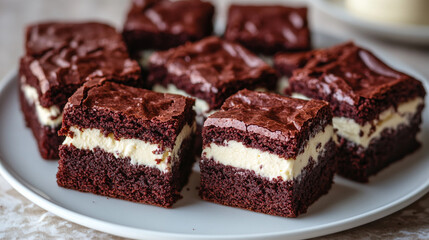 Red Velvet Cream Cheese Brownies, Beautifully arranged on a white plate.