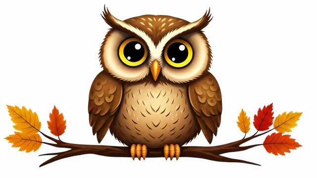 Cartoon Owl on Branch with Autumn Leaves