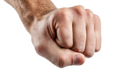 Strong male hand making a fist, demonstrating power, aggression, or determination, isolated on a transparent background, ideal for conveying concepts of strength, fighting, or resolve