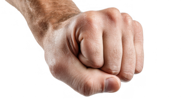 Strong male hand making a fist, demonstrating power, aggression, or determination, isolated on a transparent background, ideal for conveying concepts of strength, fighting, or resolve