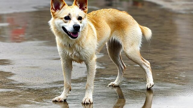 Playful dog standing on wet pavement enjoying a rainy day while soaking in the fresh outdoor atmosphere