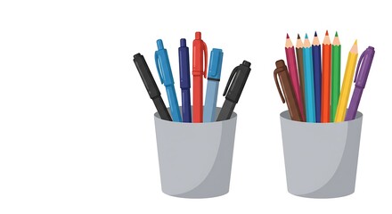 Colorful pens and pencils in cups