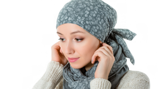 Young woman undergoing chemotherapy, adjusting her headscarf with gentle hands while looking down, isolated on a transparent background, embodying strength and resilience amidst her health journey