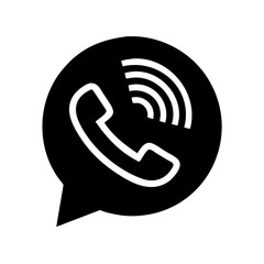 Black phone call icon with speech bubble and signal waves, communication symbol on white background
