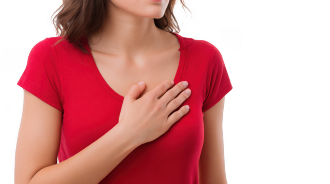 Young woman experiencing sudden chest pain, shortness of breath, heart attack or stroke symptoms, holding hand on chest, isolated on transparent background